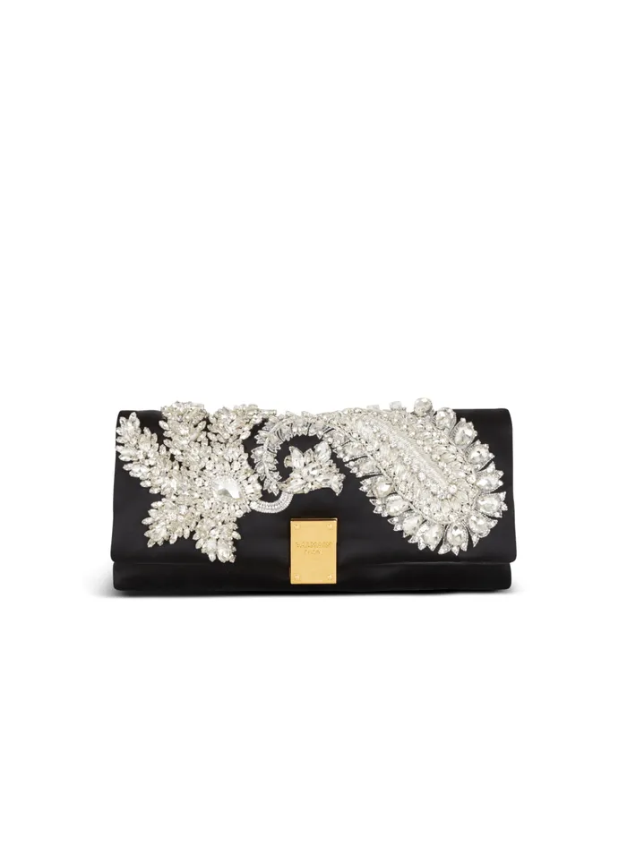 1945 Soft Embroidered Satin Clutch Black Women Balmain Clutches