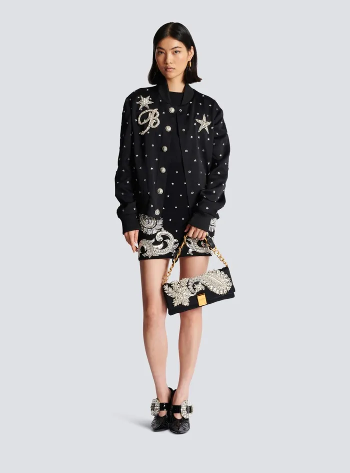 1945 Soft Embroidered Satin Clutch Black Women Balmain Clutches