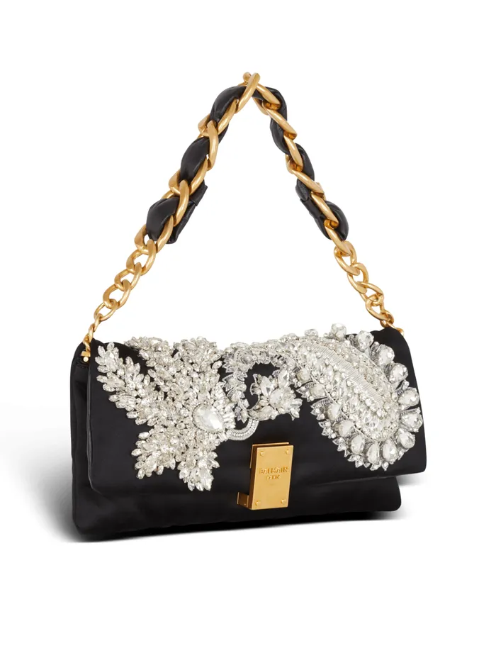 1945 Soft Embroidered Satin Clutch Black Women Balmain Clutches