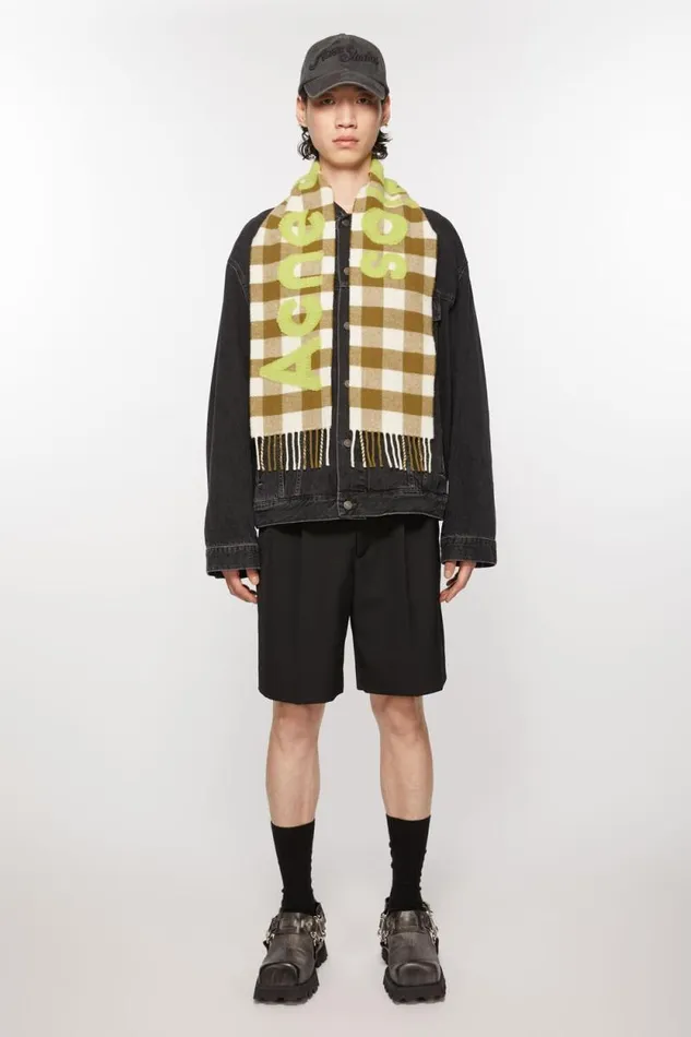 Acne Studios Check Logo Scarf 8211 Narrow Khakigreen Women Scarves
