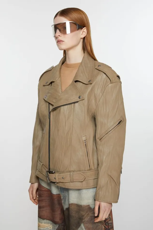 Acne Studios Crinkled Leather Biker Jacket Brown Women Outerwear Acne Studios Crinkled Leather Biker Jacket Brown Women Outerwear