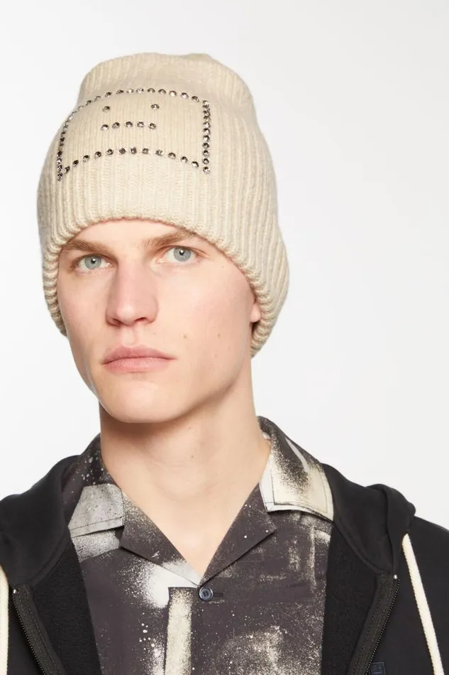 Acne Studios Embellished Face Square Beanie Oatmeal Melange Men Face Collection Acne Studios Embellished Face Square Beanie Oatmeal Melange Men Face Collection