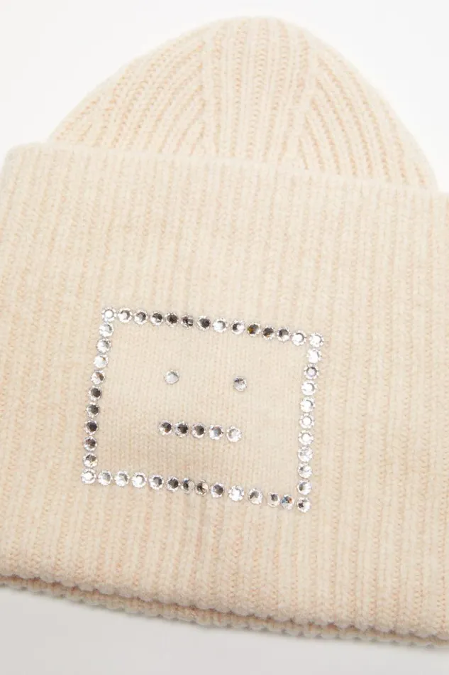 Acne Studios Embellished Face Square Beanie Oatmeal Melange Men Face Collection Acne Studios Embellished Face Square Beanie Oatmeal Melange Men Face Collection