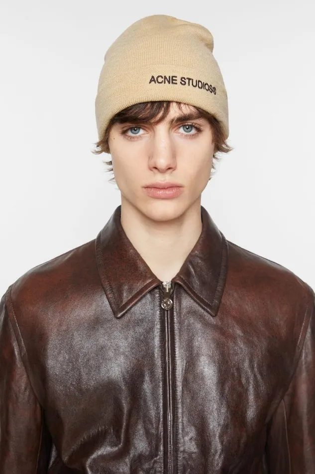 Acne Studios Logo Beanie Shell Beige Men Hats Acne Studios Logo Beanie Shell Beige Men Hats