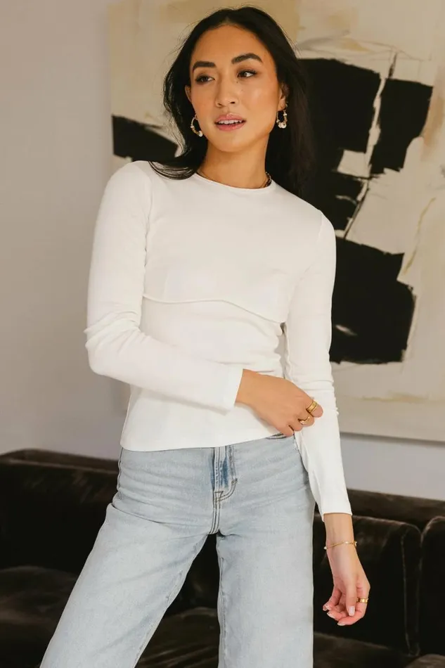 Alexa Long Sleeve Top In Ivory Ivory Women Bohme Tees and Tanks