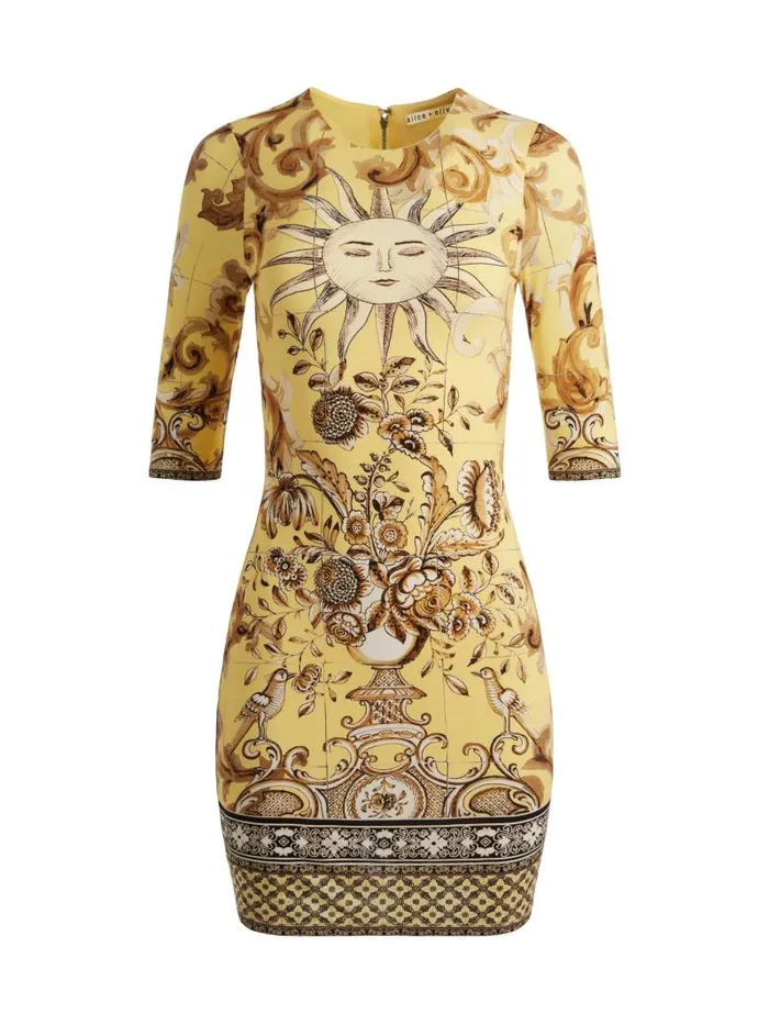 Alice Olivia DELORA CREW NECK FITTED MINI DRESS Lisboa Lemon Meringue Women Dresses