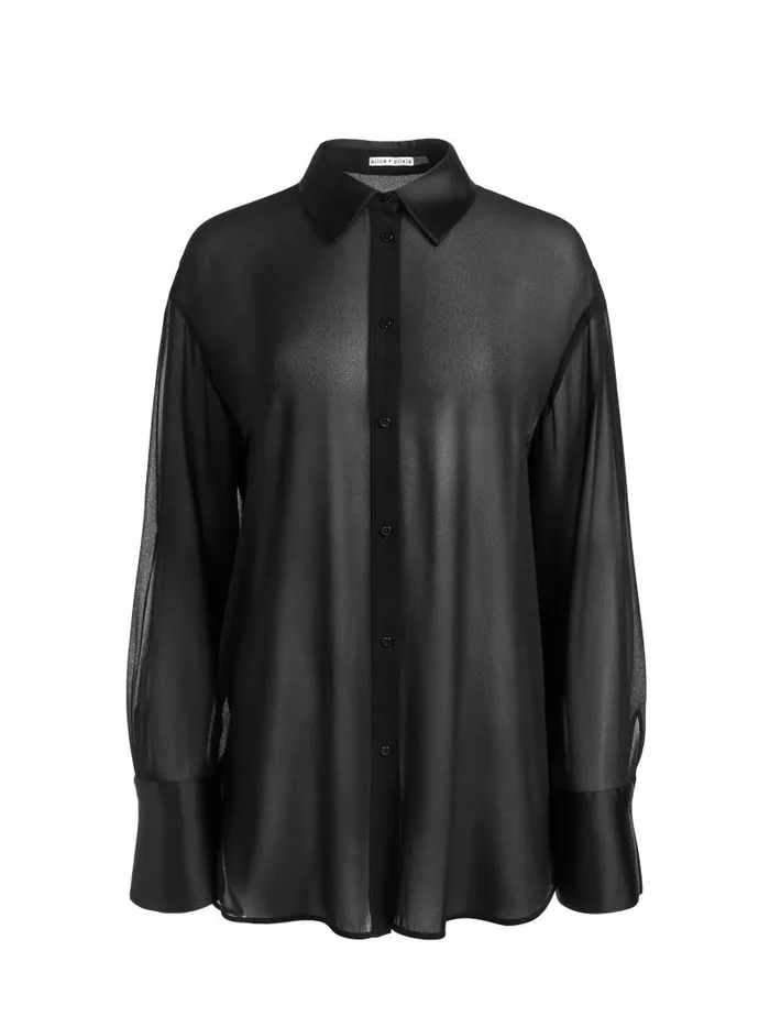 Alice Olivia FINELY SHEER OVERSIZED BUTTON DOWN Black Women Tops