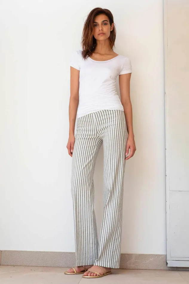 Avenue Montaigne FLAVIA Linen Stripes Bengal Olive Women Pants