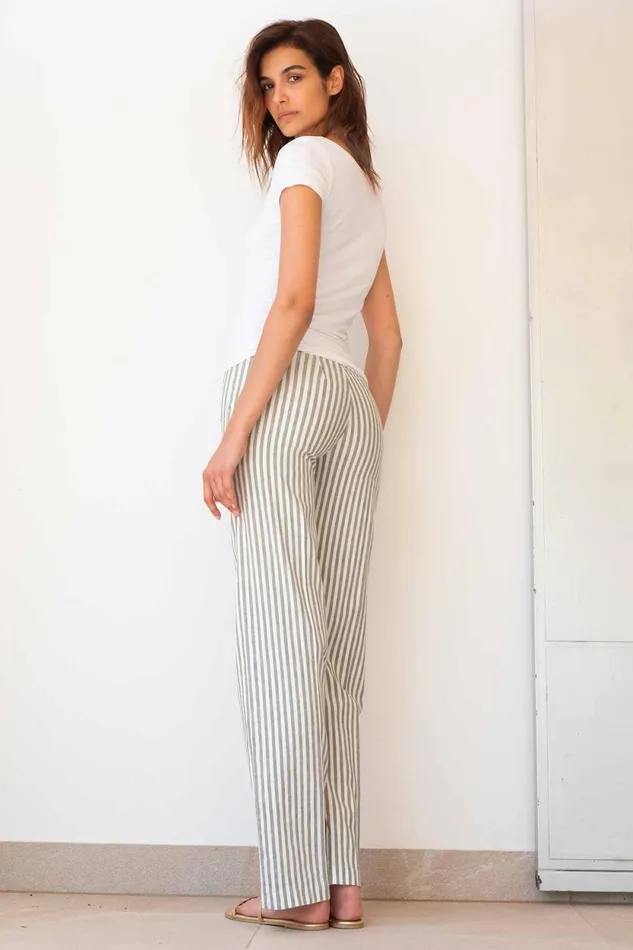 Avenue Montaigne FLAVIA Linen Stripes Bengal Olive Women Pants Avenue Montaigne FLAVIA Linen Stripes Bengal Olive Women Pants