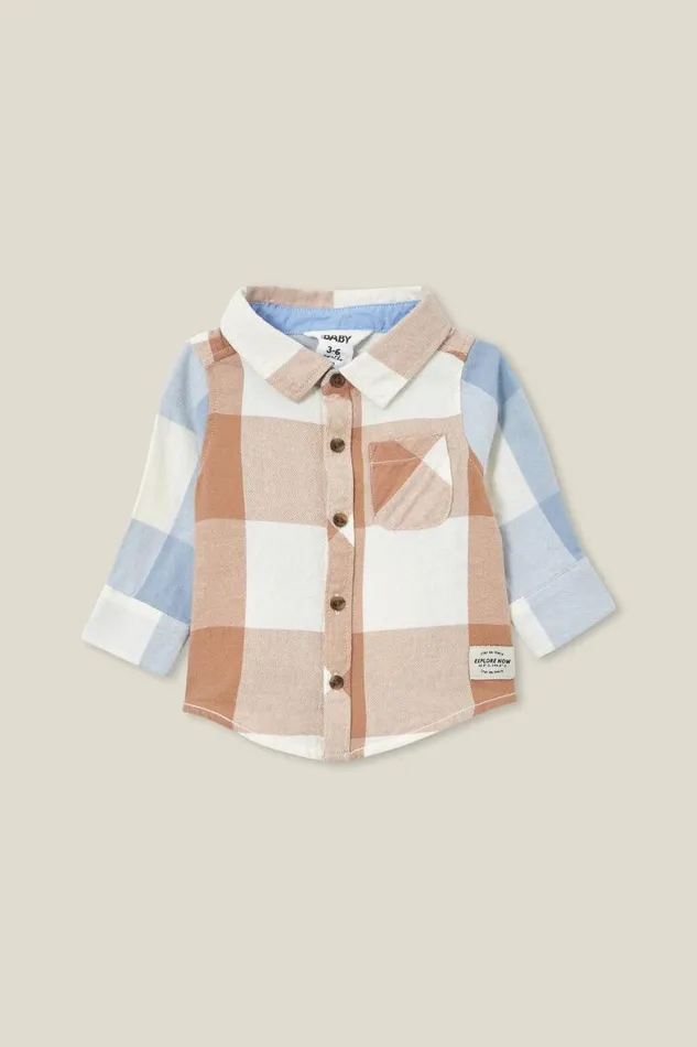 Baby Tops Jackets and Sweaters Cotton On Baby Rugged Shirt Taupy Browndusty Blue Splice Plaid