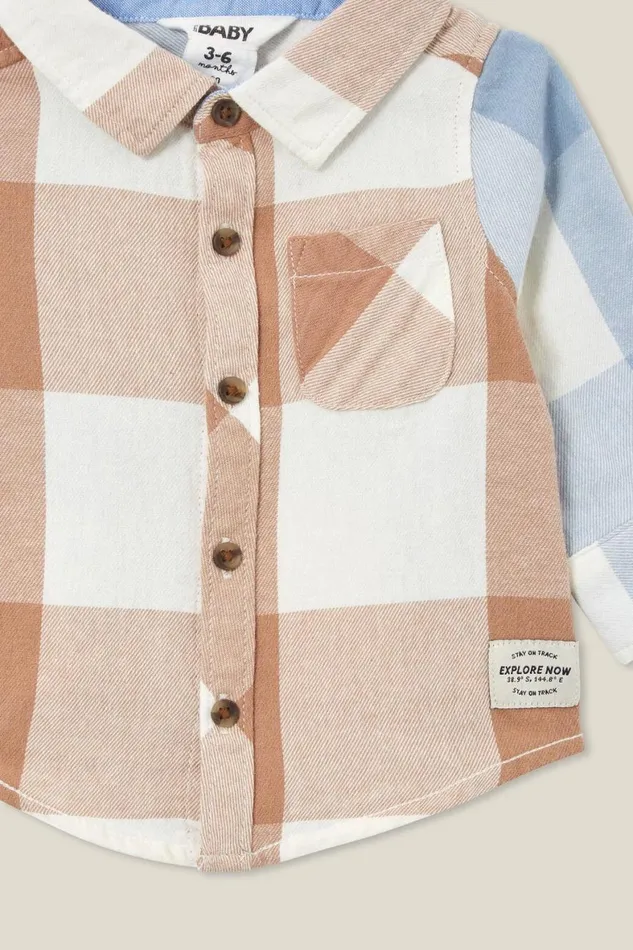 Baby Tops Jackets and Sweaters Cotton On Baby Rugged Shirt Taupy Browndusty Blue Splice Plaid