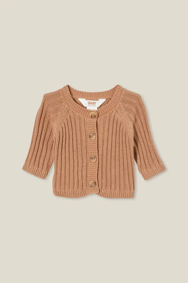 Baby Tops Jackets and Sweaters Cotton On Organic Newborn Rib Knit Cardigan Taupy Brown