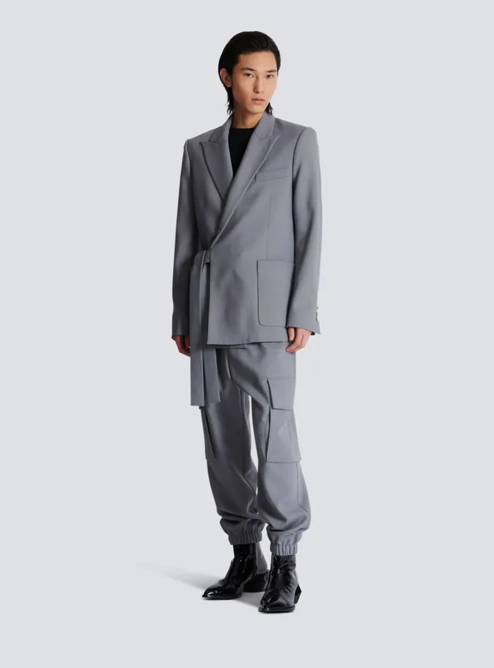 Belted Asymmetrical Jacket In Double Crepe Grey Men Balmain Jackets And Blazers