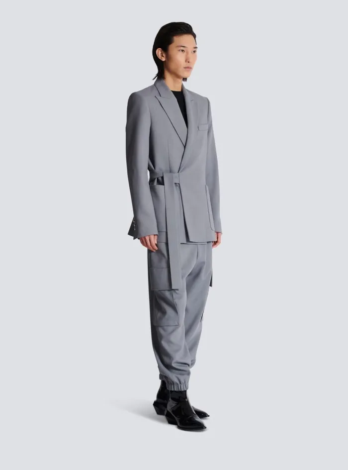 Belted Asymmetrical Jacket In Double Crepe Grey Men Balmain Jackets And Blazers