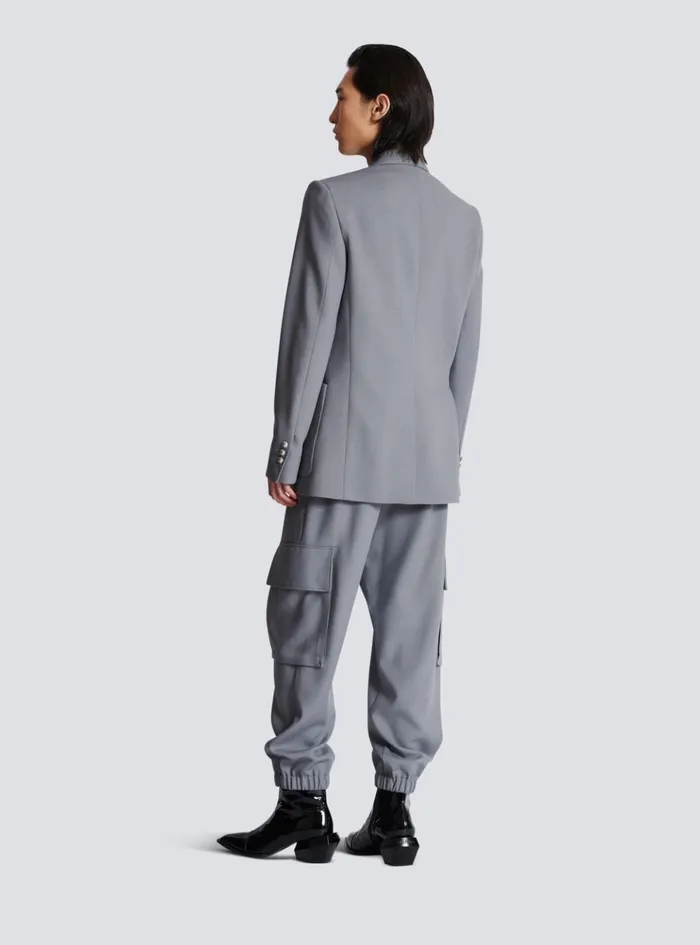 Belted Asymmetrical Jacket In Double Crepe Grey Men Balmain Jackets And Blazers