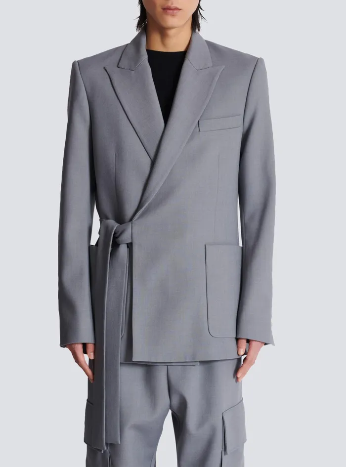 Belted Asymmetrical Jacket In Double Crepe Grey Men Balmain Jackets And Blazers