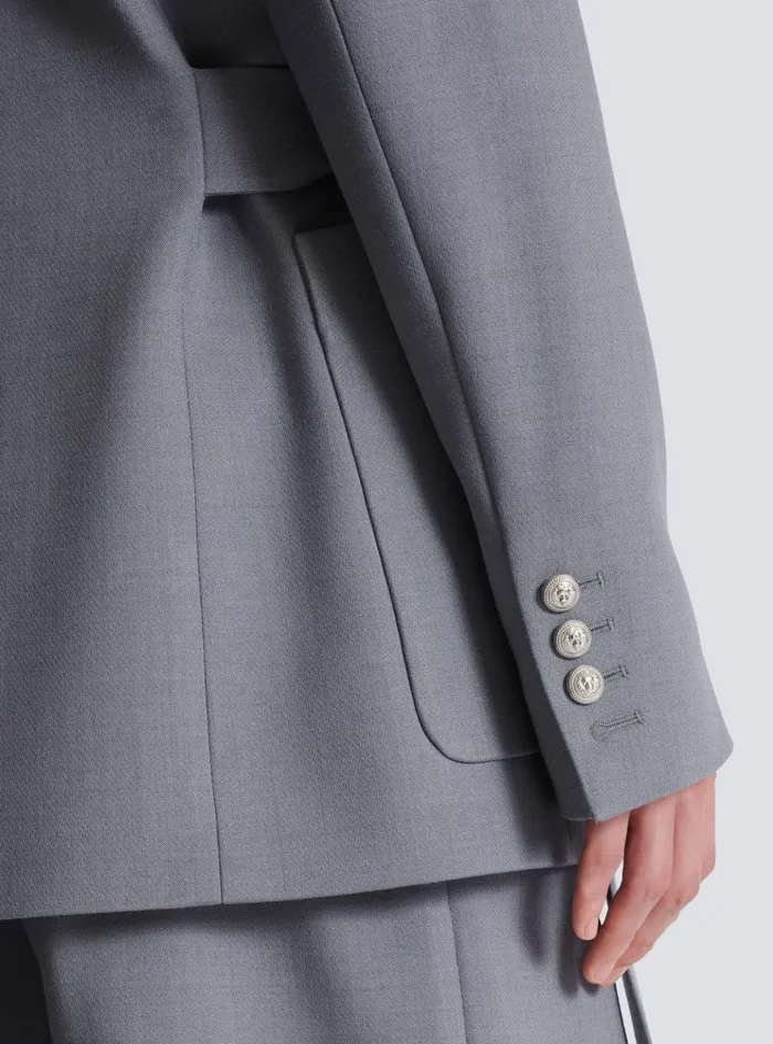Belted Asymmetrical Jacket In Double Crepe Grey Men Balmain Jackets And Blazers