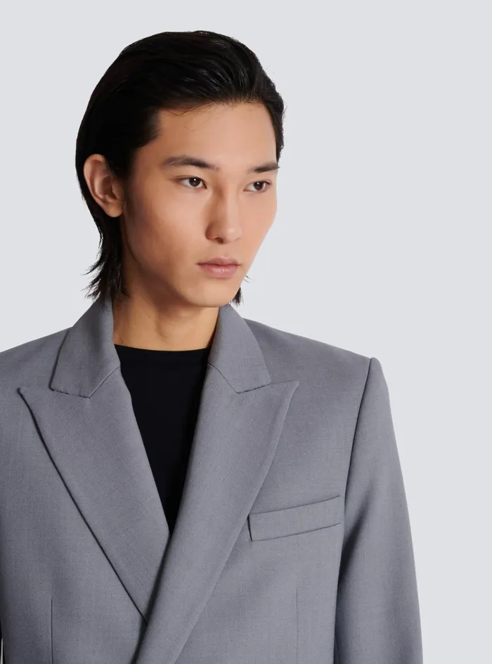Belted Asymmetrical Jacket In Double Crepe Grey Men Balmain Jackets And Blazers