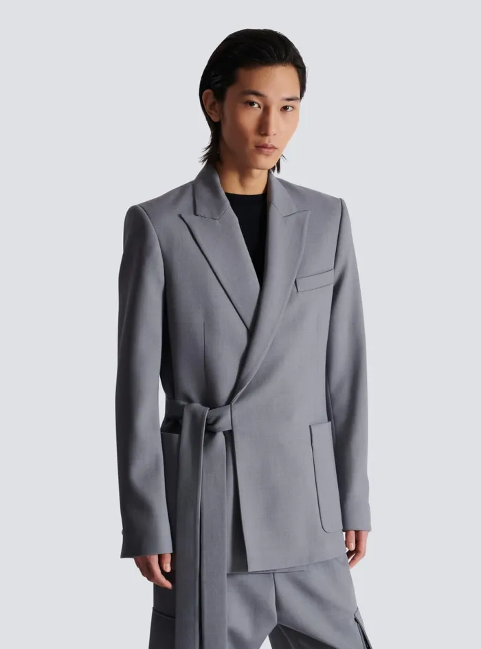 Belted Asymmetrical Jacket In Double Crepe Grey Men Balmain Jackets And Blazers