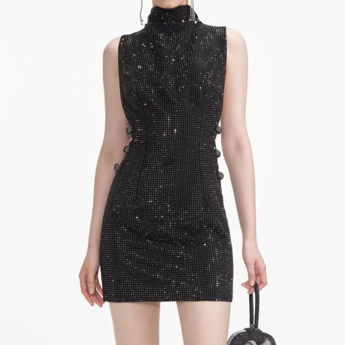 Black Rhinestone Crepe Mini Dress Women Self Portrait Dresses Black Rhinestone Crepe Mini Dress Women Self Portrait Dresses