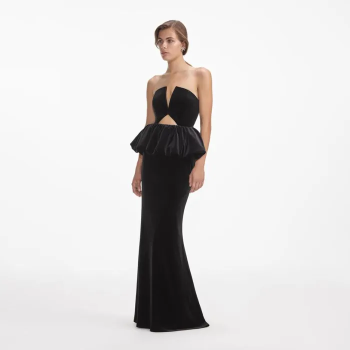 Black Velvet Peplum Maxi Dress Women Self Portrait Dresses Black Velvet Peplum Maxi Dress Women Self Portrait Dresses