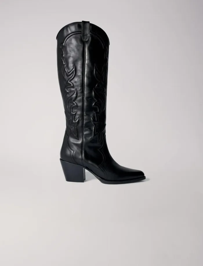 Booties and Boots Women Maje Western Leather Boots Black