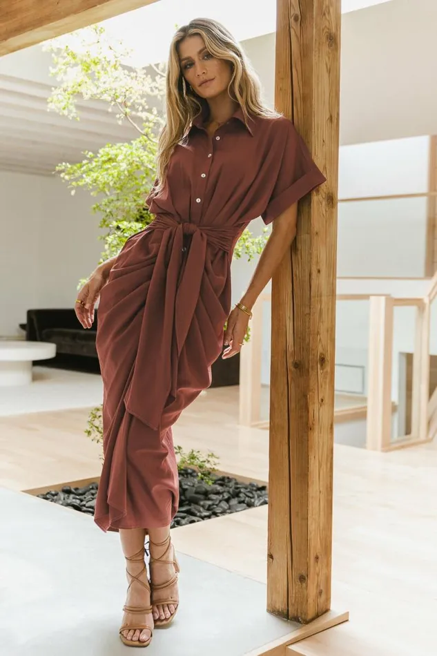 Brynlee Ruched Dress In Clay Clay Women Bohme Dresses