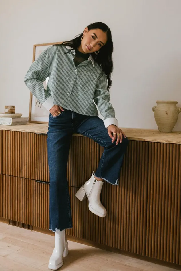 Cassidy Striped Button Up Green Women Bohme Tops