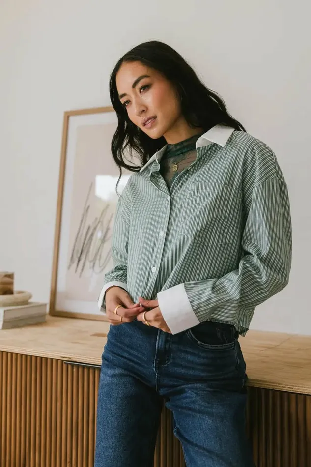 Cassidy Striped Button Up Green Women Bohme Tops
