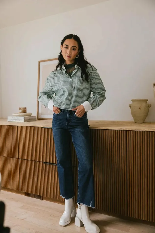 Cassidy Striped Button Up Green Women Bohme Tops