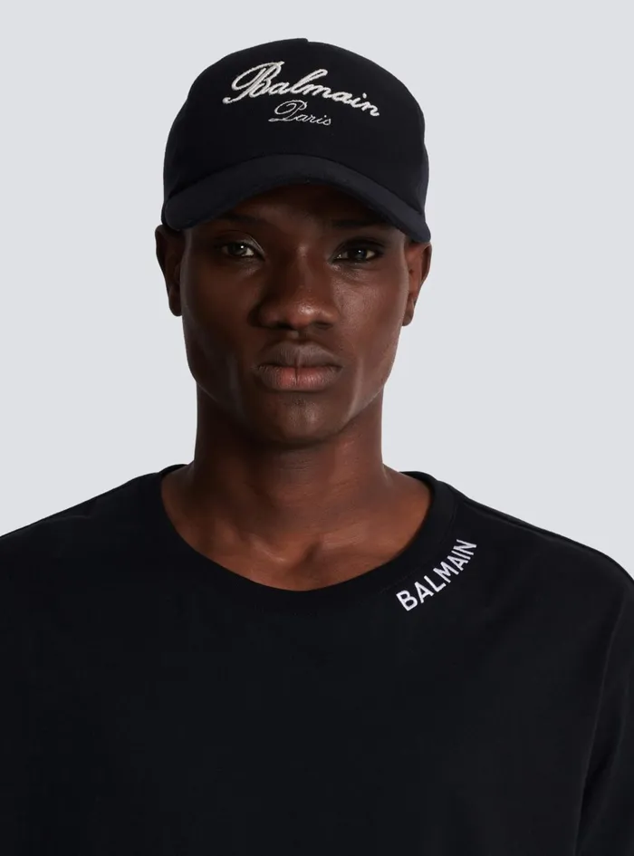 Cotton Cap With Signature Embroidery Black Men Balmain Hats And Caps