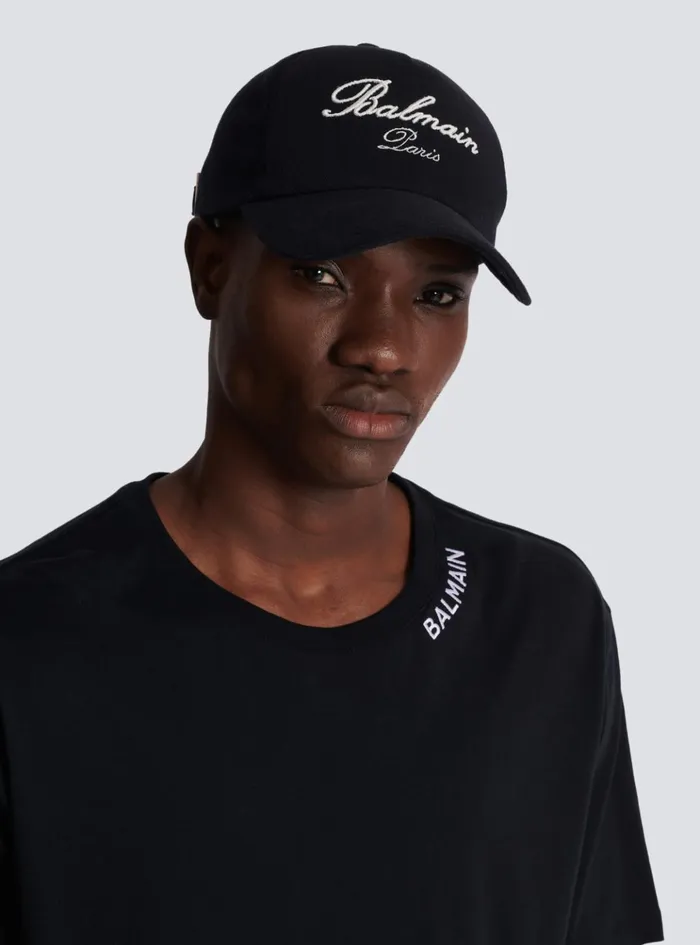 Cotton Cap With Signature Embroidery Black Men Balmain Hats And Caps