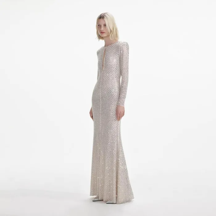 Cream Rhinestone Keyhole Maxi Dress Women Self Portrait Dresses