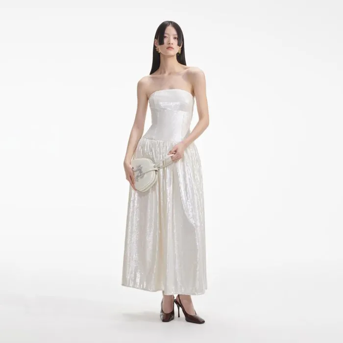 Cream Sequin Bandeau Midi Dress Women Self Portrait Dresses