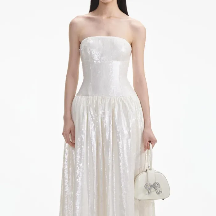 Cream Sequin Bandeau Midi Dress Women Self Portrait Dresses