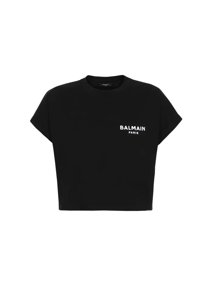 Cropped Ecodesigned Cotton Tshirt With Small Flocked Logo Black Women Balmain TShirts