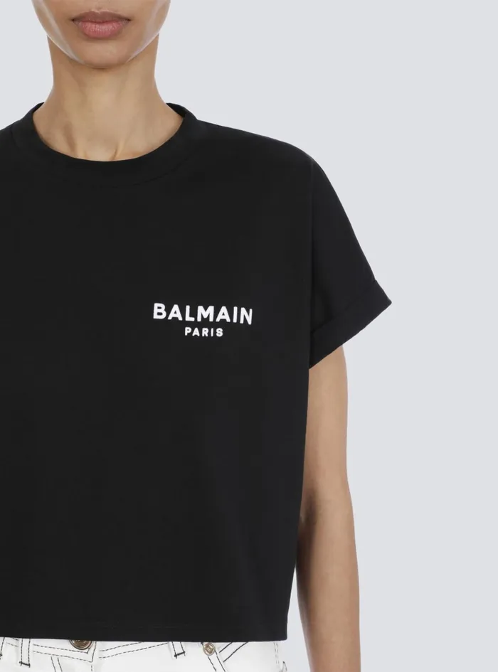 Cropped Ecodesigned Cotton Tshirt With Small Flocked Logo Black Women Balmain TShirts