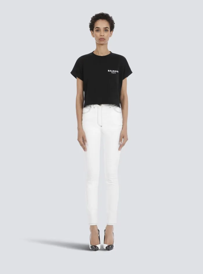 Cropped Ecodesigned Cotton Tshirt With Small Flocked Logo Black Women Balmain TShirts