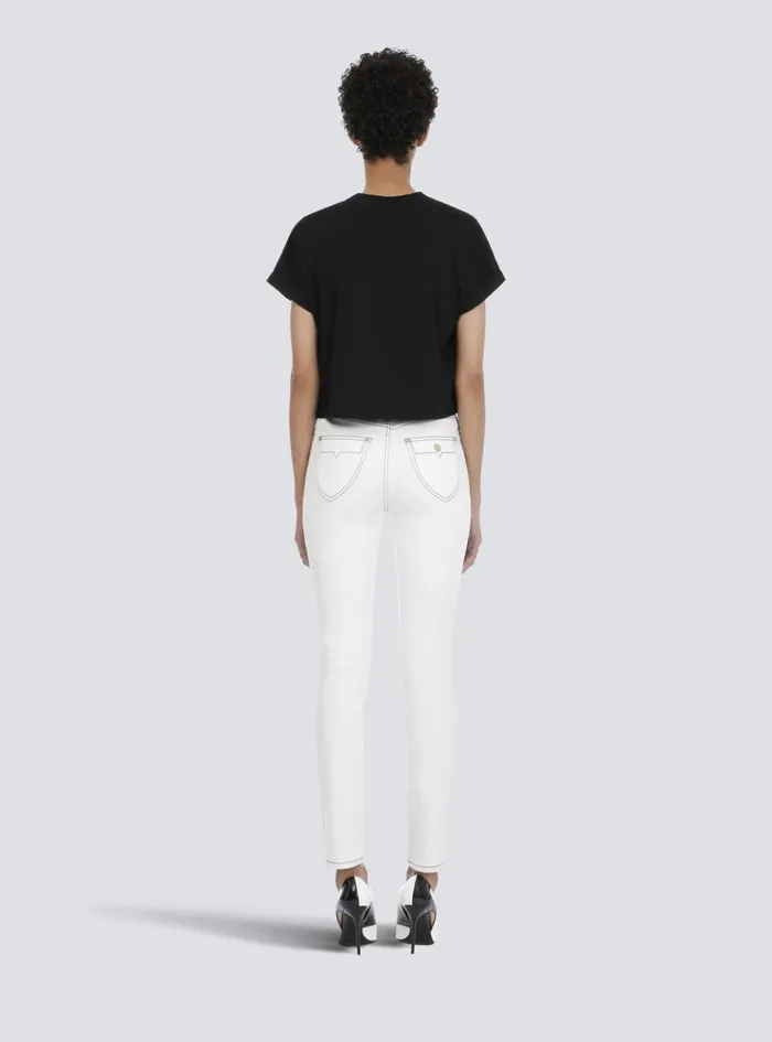 Cropped Ecodesigned Cotton Tshirt With Small Flocked Logo Black Women Balmain TShirts
