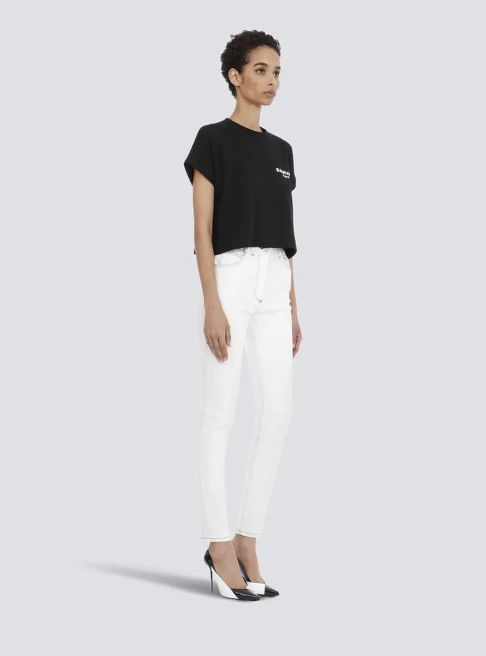 Cropped Ecodesigned Cotton Tshirt With Small Flocked Logo Black Women Balmain TShirts