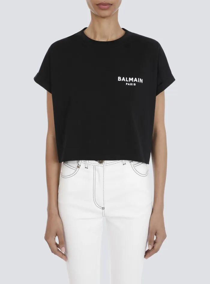 Cropped Ecodesigned Cotton Tshirt With Small Flocked Logo Black Women Balmain TShirts