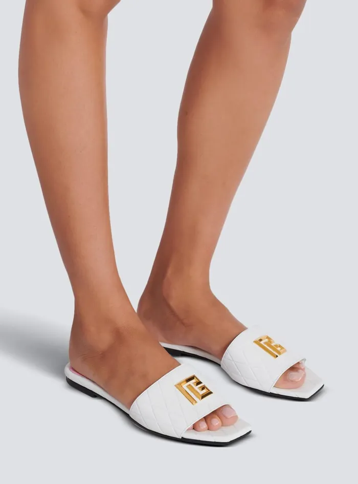Dafne Calfskin Mules With Embossed Diamond White Women Balmain Flat Shoes