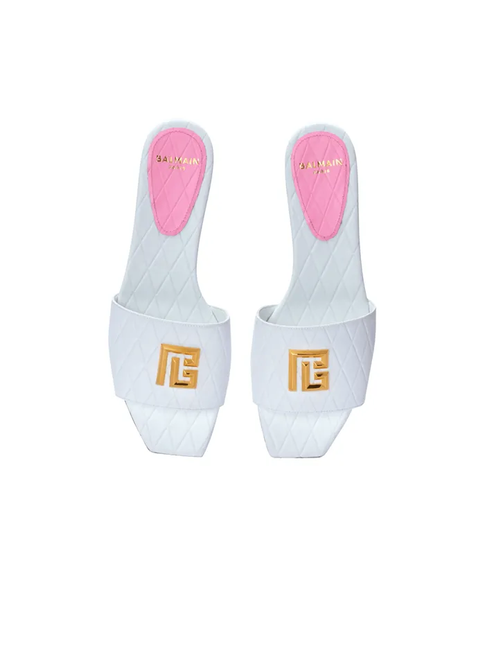 Dafne Calfskin Mules With Embossed Diamond White Women Balmain Flat Shoes
