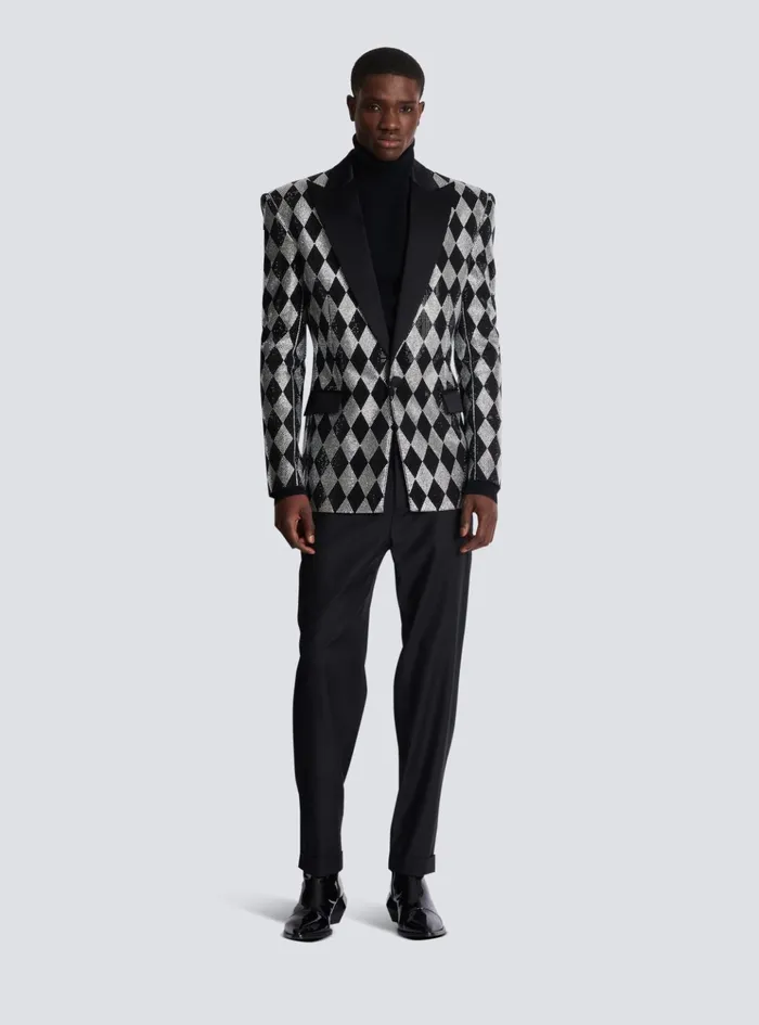 Diamond Rhinestone 1button Jacket Black Men Balmain Jackets And Blazers