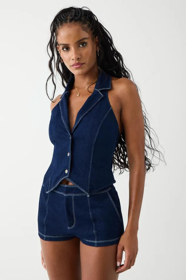 Frankies Bikinis Matching Sets Women Charly Denim Halter Top Blue Denim