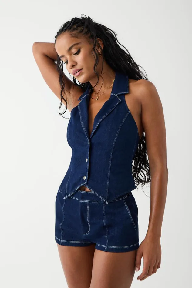 Frankies Bikinis Matching Sets Women Charly Denim Halter Top Blue Denim