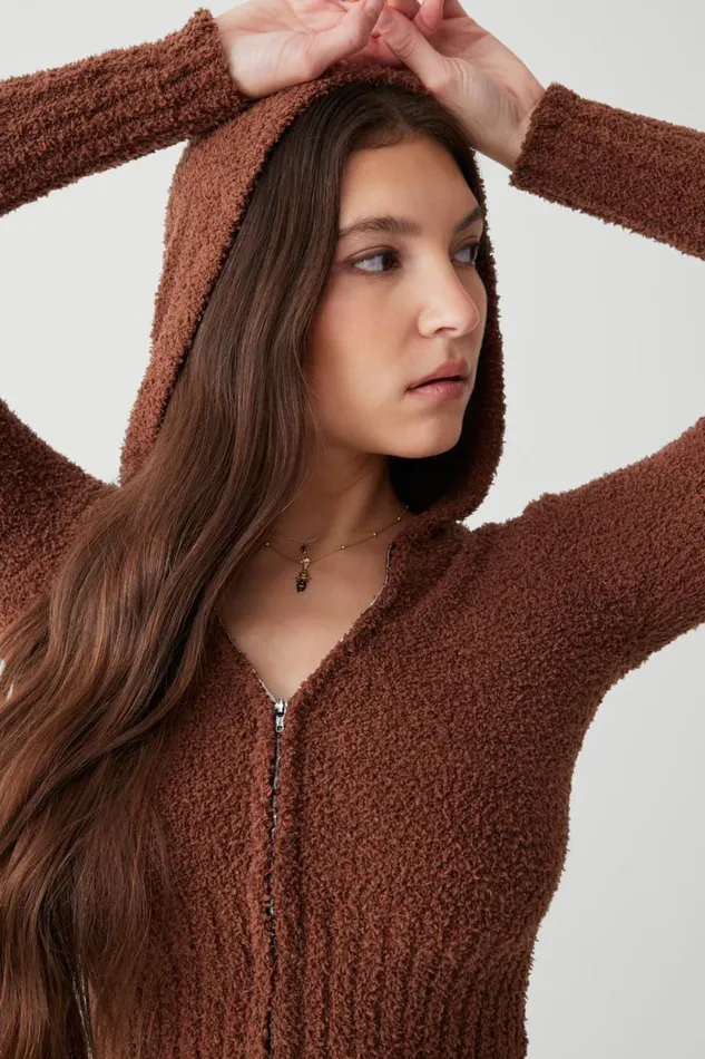 Frankies Bikinis Matching Sets Women Harlowe Fuzzy Zip Up Hoodie Chocolate Lily