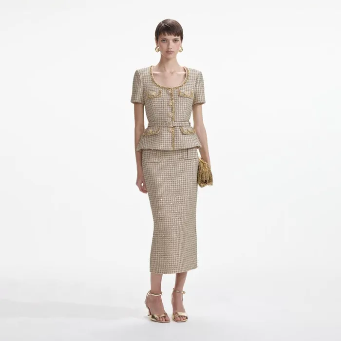Gold Boucle Peplum Top Women Self Portrait Tops