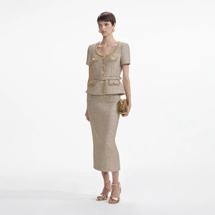 Gold Boucle Peplum Top Women Self Portrait Tops