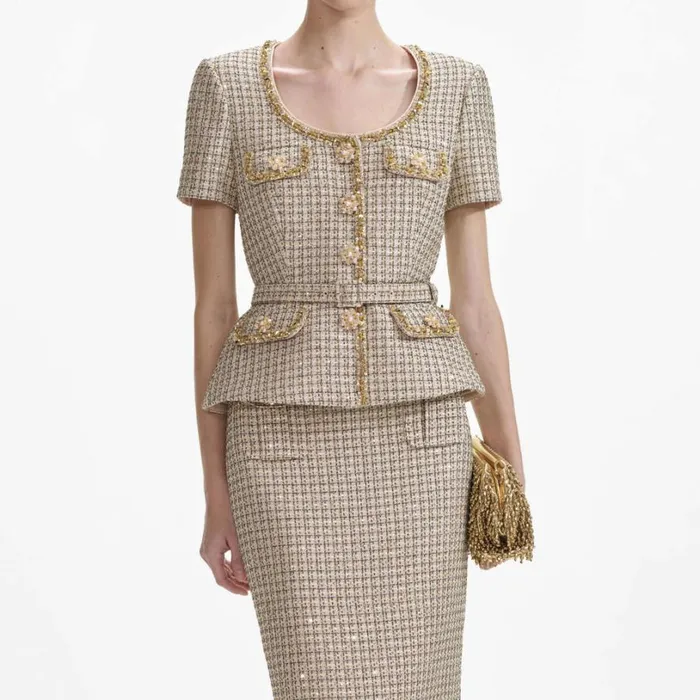 Gold Boucle Peplum Top Women Self Portrait Tops